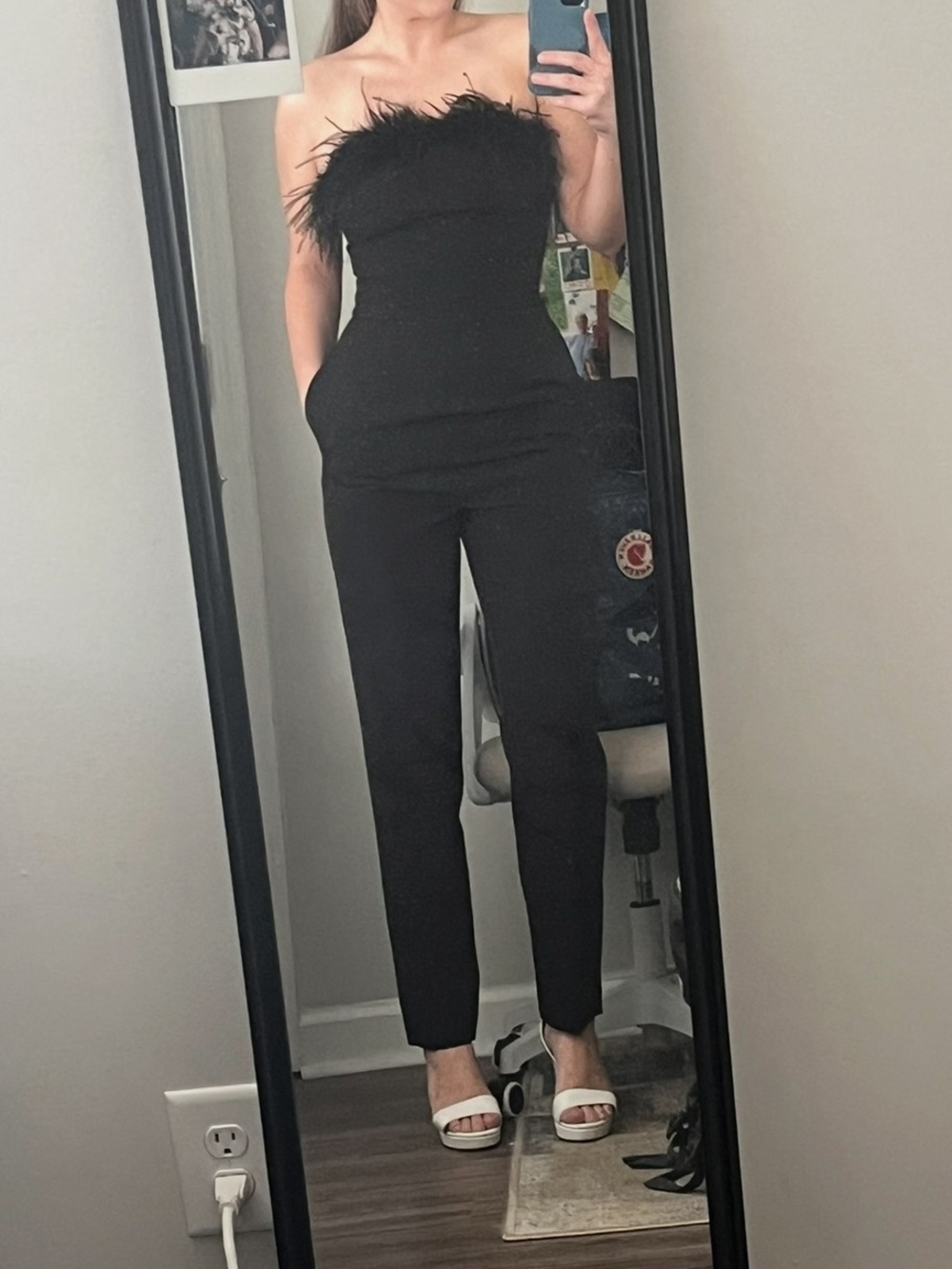 Gianni Bini Black Feather-Trimmed Strapless Jumpsuit | with pockets